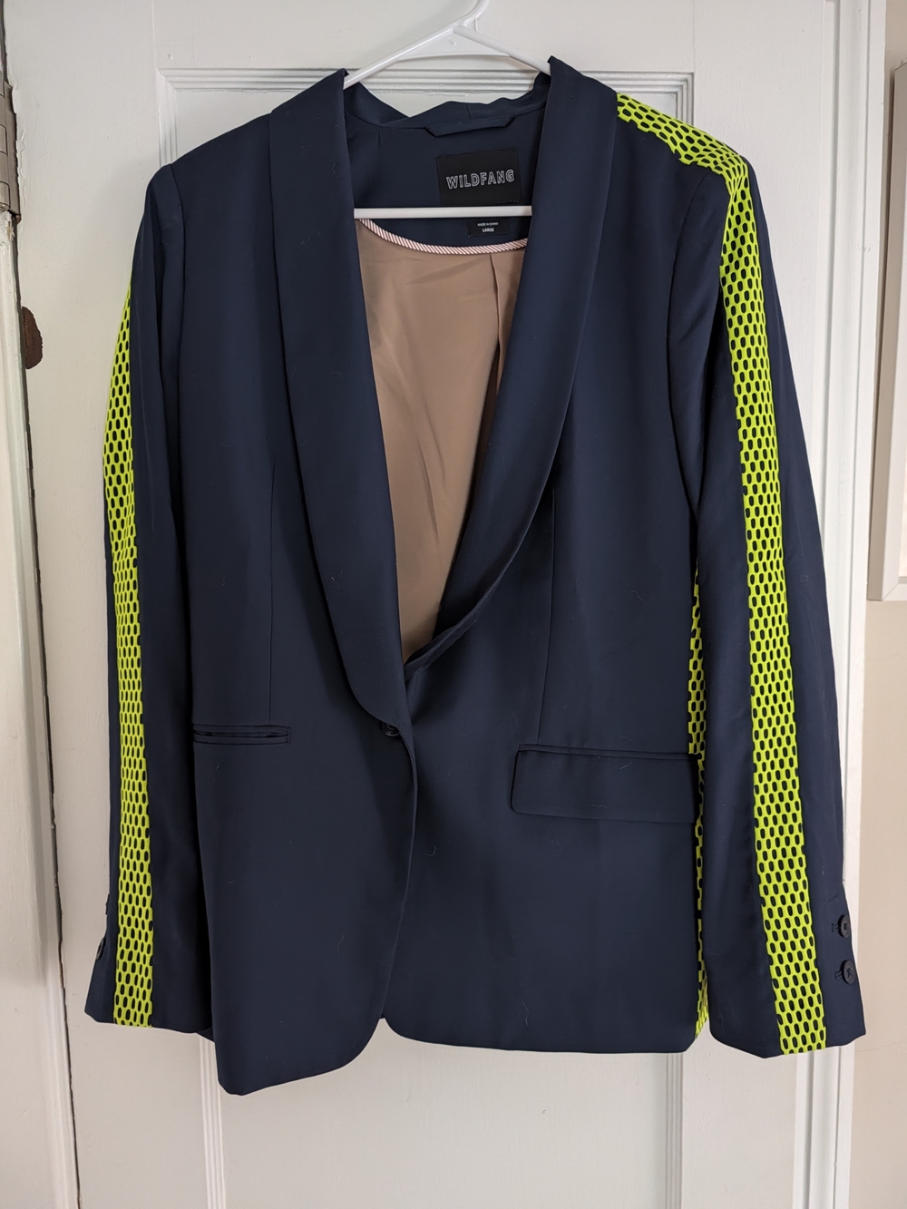 NWOT Wildfang Navy Blazer with Neon Yellow Mesh Sleeve Stripes